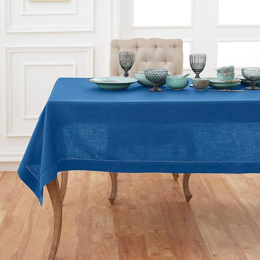 Solino Home Linen Indigo Blue Tablecloth 60 x 156 Inch - Classic Hemstitch, 100% Pure Linen Rectangular Tablecloth - Machine Washable Table Cloth for Winter, Spring, Easter