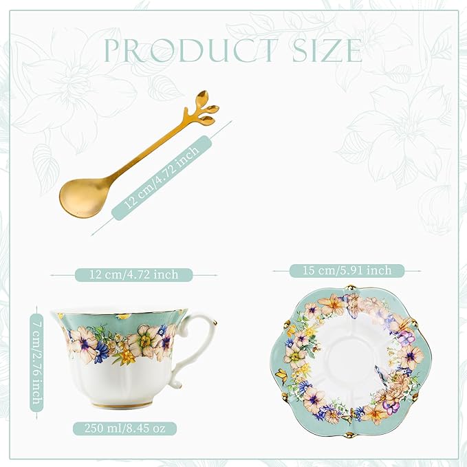 TATSUMI Country Roses 18 Peices Bone China Tea Cup And Saucer Set, English Vintage Tea Cups Of 6 For Women And Tea Party Sets(Dutch Blue, 6 sets)