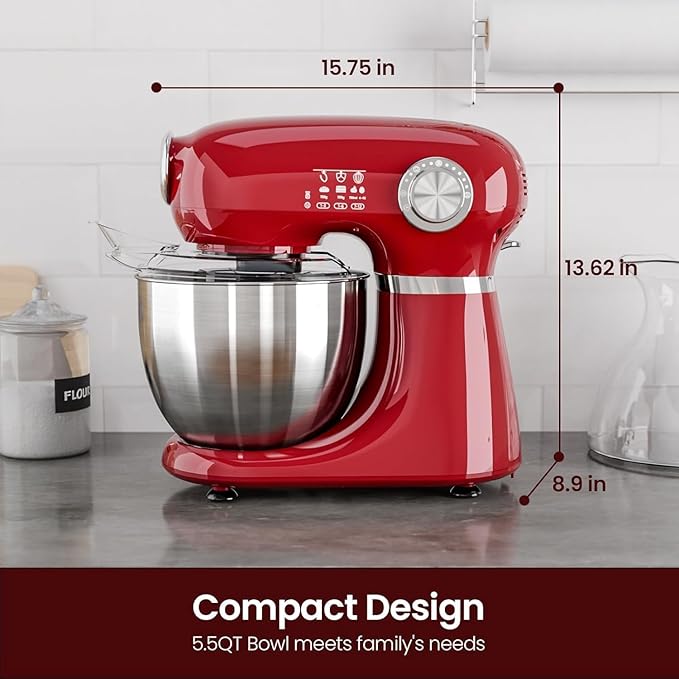 Kismile 5.5QT Tilt-Head Stand Mixer, 12-Speed Electric Kitchen Mixer with 304 Stainless Steel Bowl - Includes Dough Hook, Whisk, Beater for Baking Bread, Cakes, Cookies（Bright Red）
