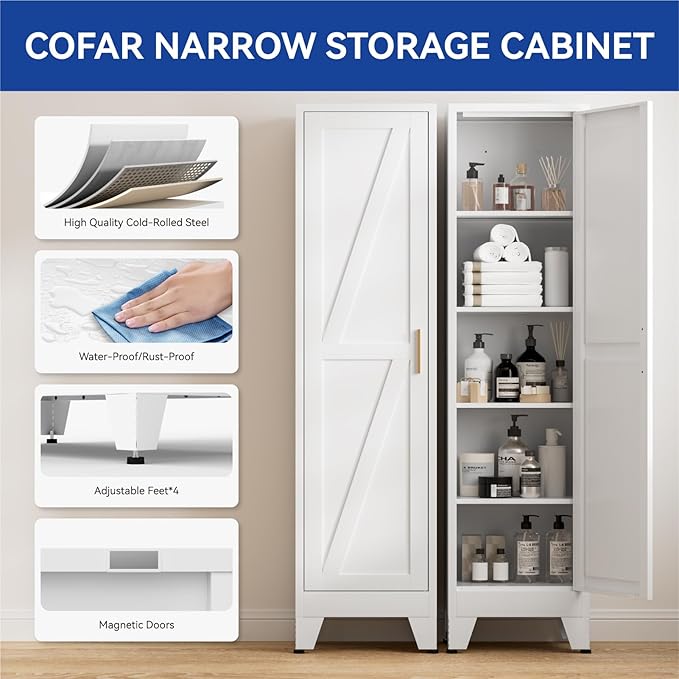 COFaR 67'' Tall Slim Bathroom Storage Cabinet, Metal Narrow Bathroom Cabinet with 4 Adjustable Shelves and One Door, Skinny Cabinet Storage for Kitchen Laundry, White Farmhouse 5 Tiers
