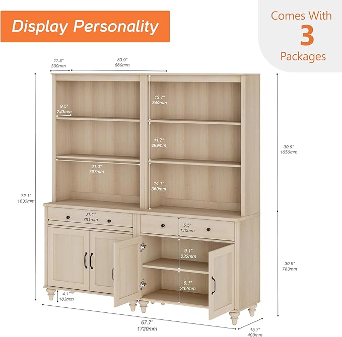 WAMPAT 72'' Tall Kitchen Pantry Cabinet with Shelves, 34'' Wide Dining Hutch with Drawers and Doorss, Farmhouse Pantry Storage for Home Decor, Living Room, Home Office, Light Oak