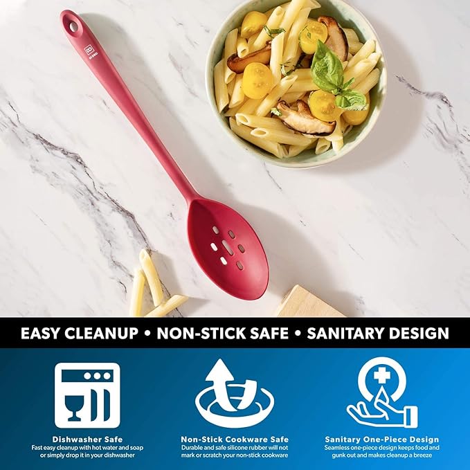 DI ORO Cooking Spoon - Solid Silicone Spoon 600째F High Heat Nonstick Cookware Safe - Kitchen Spoon for Cooking & Baking - Large Serving Spoon Utensil for Mixing & Stirring - Dishwasher Safe (Red)