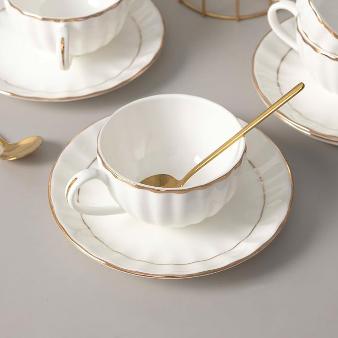 Bone China Tea Cups and Saucers Set (6 oz, Set of 4) ??White Luxury Fine Porcelain Mugs for Tea, Coffee, Latte Art, Barista Use, Elegant Gifting