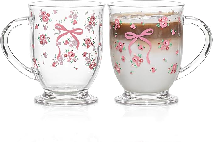 16oz Valentine's Coffee Mugs Set of 2 - Clear Flower Rose Bow Pattern Cups with Handle, Romantic Mug, Sweet Valentine's Gifts for Couple Drinking Glasses for Valentines Party- Dishwasher Safe