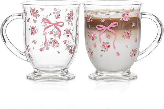16oz Valentine's Coffee Mugs Set of 2 - Clear Flower Rose Bow Pattern Cups with Handle, Romantic Mug, Sweet Valentine's Gifts for Couple Drinking Glasses for Valentines Party- Dishwasher Safe