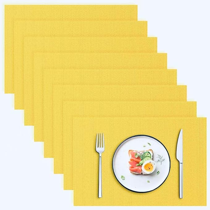 Blue Forest | Rectangular Faux Linen Placemats Set of 8 | Dual- Layered Thickened for Durability | Heat Resistant | Machine Washable | Wrinkle Free for Easy Care Indoor/Outdoor Use - Bright Yellow