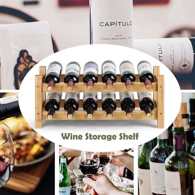 HYNAWIN 2 Tiers Bamboo Wine Rack Free Standing Wine Display Stand Wine Storage Rack Shelf Wine Bottle Holder for Home Living Room Kitchen Bar