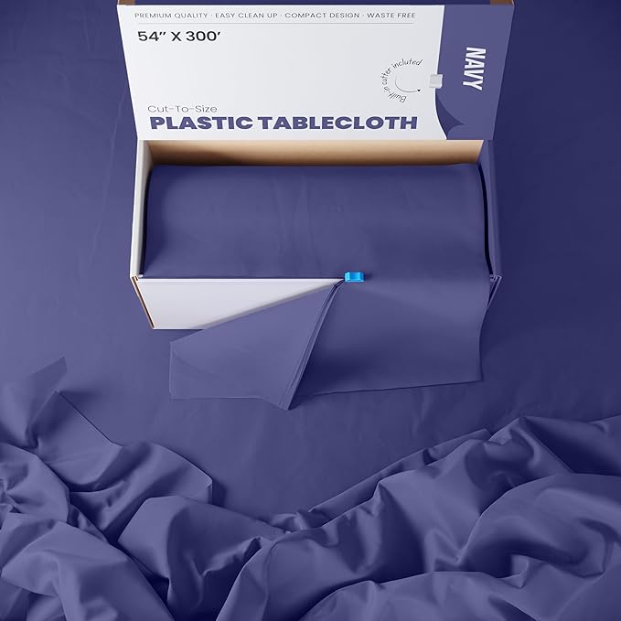 Party Solids 54 Inch X 300 Feet Navy Plastic Table Cover Roll in A Cut - to - Size Box with Convenient Slide Cutter. Cuts Up to 36 Rectangle 8 Feet Plastic Disposable Tablecloths