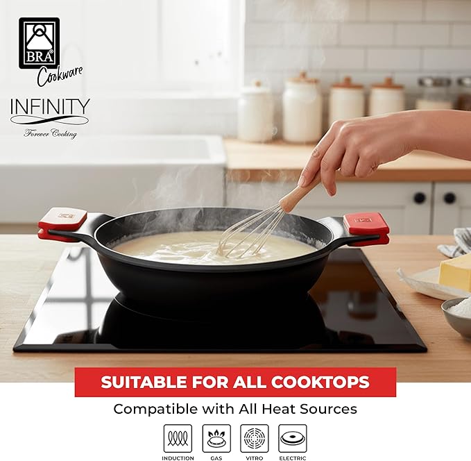 BRA COOKWARE Infinity Dual-Handled Saut챕 Pan w/Glass Lid | 11-Inch 2.95-Quart Shallow Stock Pot | Nonstick Cast Aluminum Everyday Chef Pan | PFAS Free Rondeau Pot | All Cooktops incl. Induction
