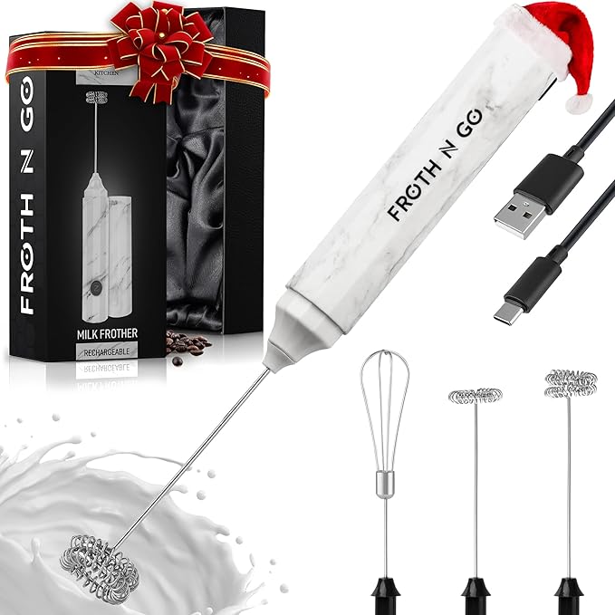 Zulay Froth N Go Milk Frother ??Rechargeable 3-in-1 Handheld Frother Wand with Travel Case & USB-C Charger ??Single, Double & Egg Whisk for Latte, Cappuccino, Matcha, Protein Shakes ??White Marble