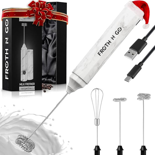 Zulay Froth N Go Milk Frother ??Rechargeable 3-in-1 Handheld Frother Wand with Travel Case & USB-C Charger ??Single, Double & Egg Whisk for Latte, Cappuccino, Matcha, Protein Shakes ??White Marble