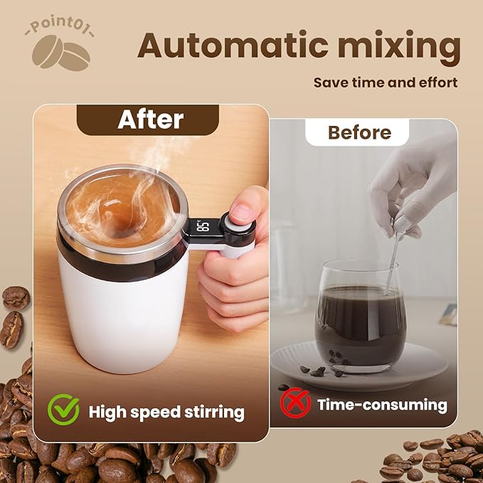 Electric Magnetic Stirring Coffee Mug, 2026 New Automatic Stirring Coffee Cup with Temperature Display, 12.85oz Self-Stirring Mug with Lid Suitable for Coffee, Milk (Black + White + Brown)