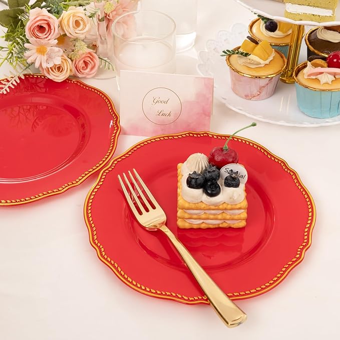 Hioasis 60pcs Red Plastic Plates - Red and Gold Disposable Dinnerware with Gold Rim, Heavy-duty, 7.5 inch, Dessert Plates for Party & Christmas