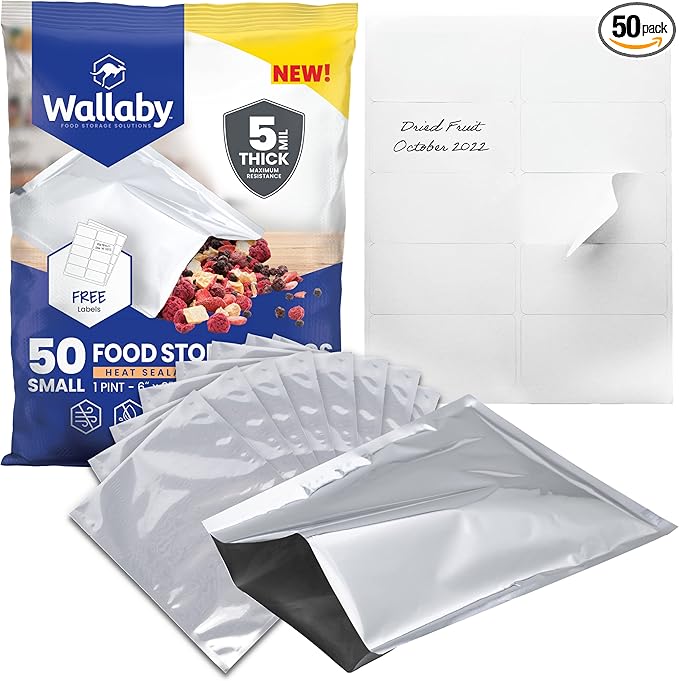 Wallaby 50 Count 1-Pint Mylar Bags with Labels, 10 Mil Total Thickness Long-Term Food Storage Pouches, 6x8 Heat-Sealable Airtight Packaging - Silver