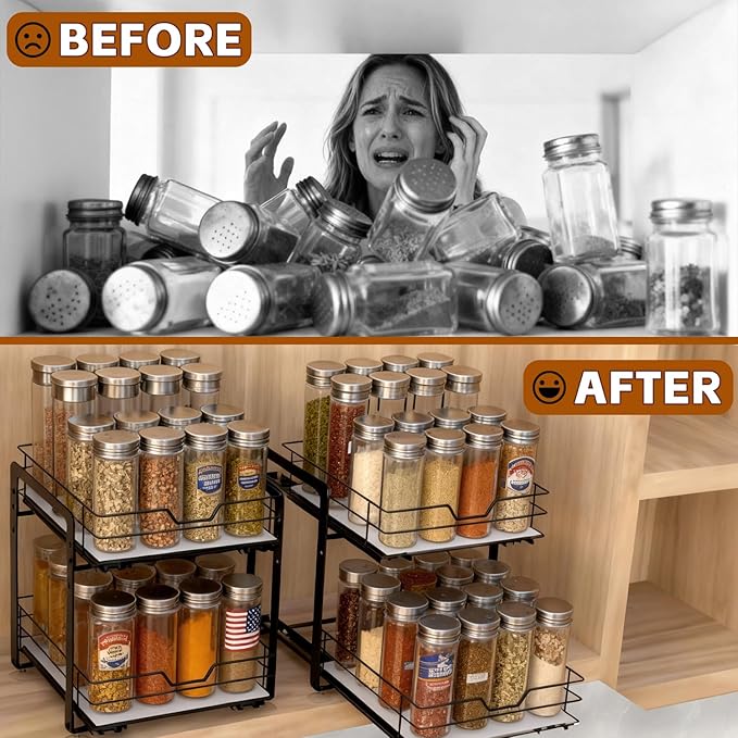 Spice Rack Organizer for Kitchen, Pull Out Spice Racks for Inside Cabinets, 2 Tier Spice Shelf Organization for Cabinet Seasoning, No Drilling Install for Home Kitchen Space Saving, 1 Pack