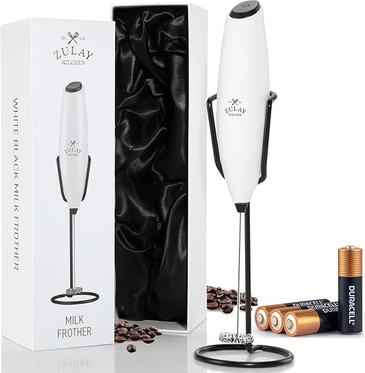 Zulay Kitchen Executive Series Luxury Gift Milk Frother with 4 Duracell Batteries ??Handheld Electric Foam Maker for Coffee, Lattes & Hot Chocolate ??Deluxe Finish, Ultimate Gift for Coffee Lovers