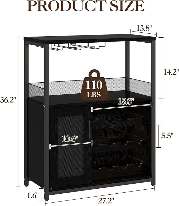 Vintage Industrial Wine Bar Cabinet with Adjustable Wine Racks and Glass Holders, Mesh Door Sideboard Storage Cabinet for Living Room, Kitchen, Dining Room, Compact Design, Easy Assembly,Black
