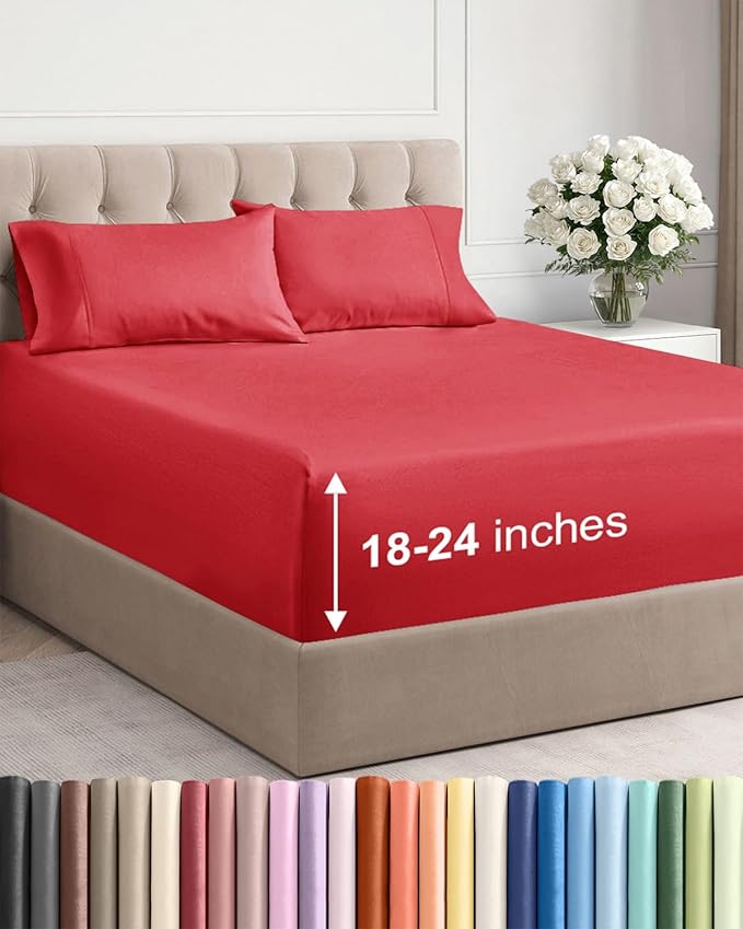 Extra Deep Pocket Cal King Sheets - 4 Piece Breathable & Cooling Bed Sheets - Hotel Luxury Bed Sheet Set - Soft, Wrinkle Free & Comfy - Easily Fits Extra Deep Mattresses - Deep Pocket Red Sheets Set