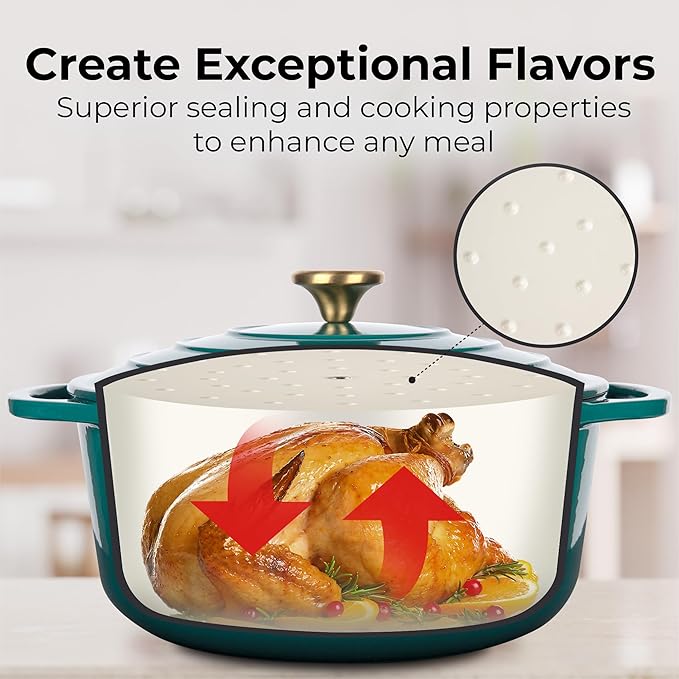 Zulay Kitchen 7.7 Quart Enameled Cast Iron Dutch Oven Pot with Lid ??Premium Durability & Oven Safe up to 500째F ??Heavy Duty Cookware Perfect for Bread Baking, Stews, Braising & Roasting ??Emerald