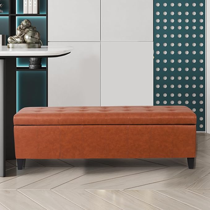 Joveco 51 Inch Storage Ottoman Bench,Tufted Leather Storage Bench for Bedroom (51??Dark Orange)