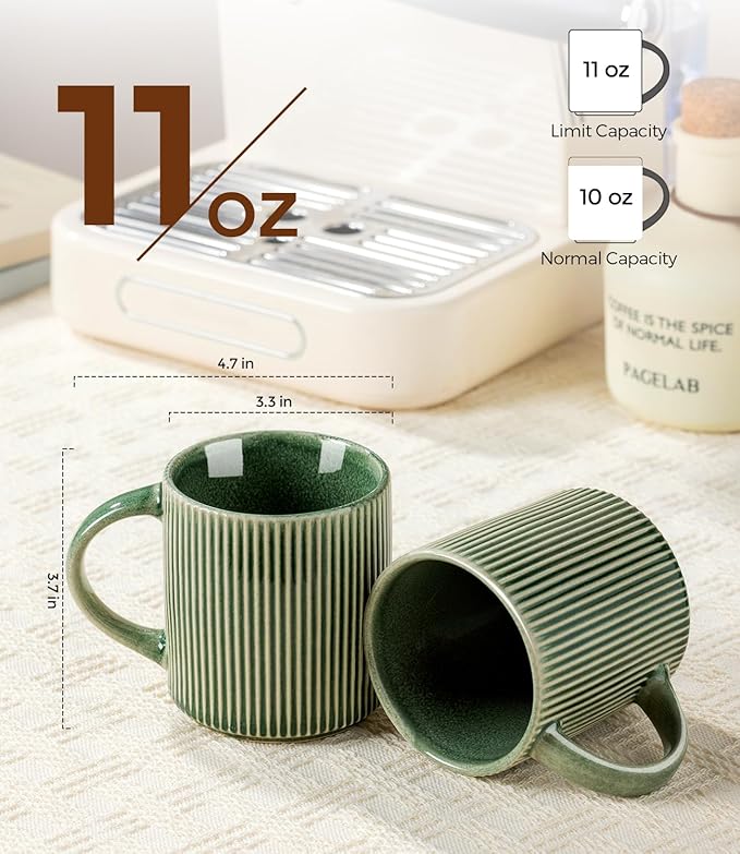 GBhome Coffee Mugs Set for 6, 11oz Coffee Cups with Handle for Man,Woman,Dad,Mom, Stoneware Mugs Sets for Coffee, Latte,Tea, Hot Cocoa, Milk, Dishwasher&Microwave Safe, Dark Green