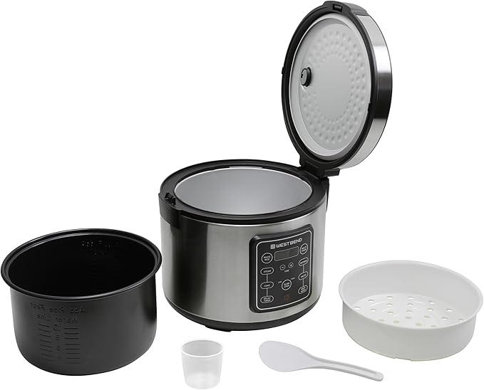 West Bend Rice & Grain Multi Cooker Programmable with 9 Preset Functions, Features Delay Start and Keep Warm Functions and Steam Basket, 20 Cups Cooked (10 cups uncooked), Stainless Steel