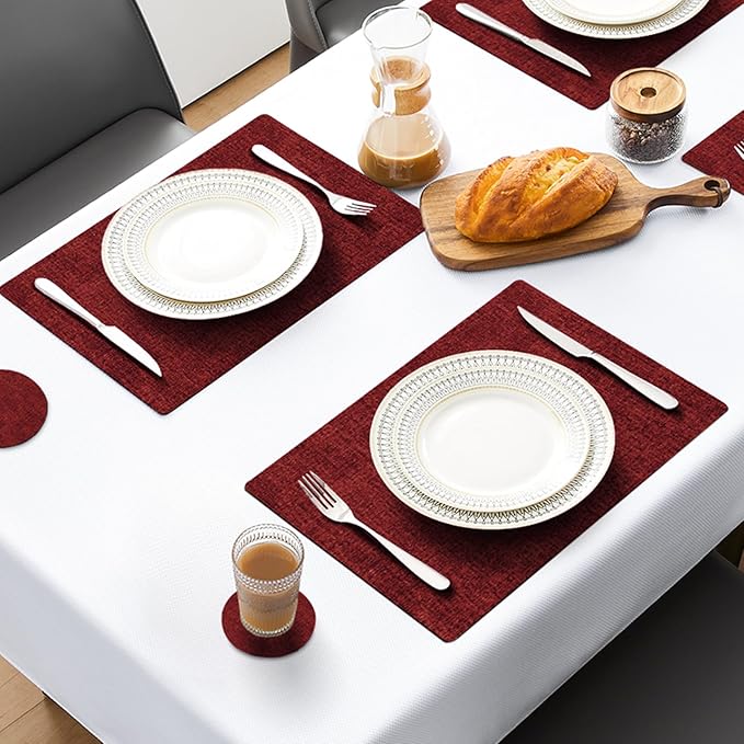 MOSAYT Faux Leather Placemats Set of 12, Heat Resistant Vinyl Place Mats with Coasters, Wipeable Washable 100% Waterproof Oil Proof Table Mats for Kitchen Dining Party Indoor Outdoor, 12" x 17", Red