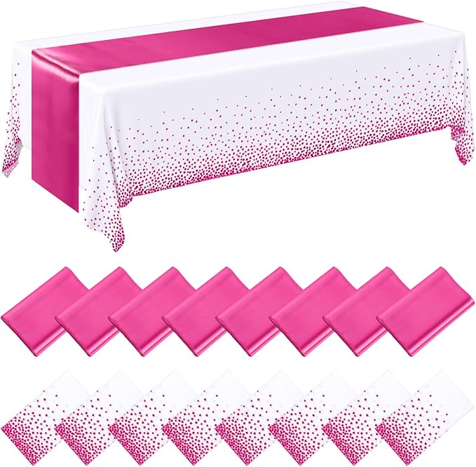 Tudomro 16 Pieces White and Hot Pink Disposable Plastic Tablecloths and Satin Table Runner Set 54x108 Inch Tablecloth 12x108 Inch Table Runners for New Year Wedding Birthday Baby Shower Graduation