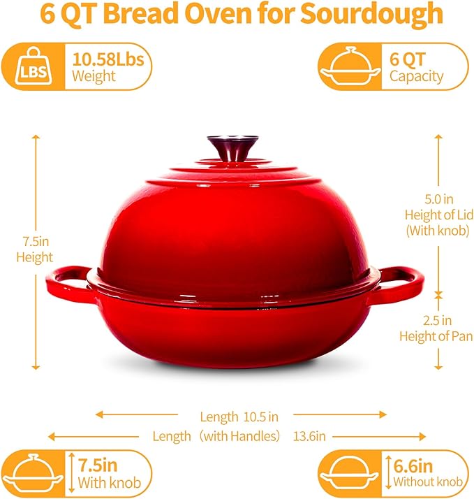 ONKO Sourdough Bread Dutch Oven, 6QT Dutch Oven for Sourdough Bread Baking, Enameled Cast Iron Bread Dome, Round Ceramic Dutch Ovens Pot with Lid for Homemade
