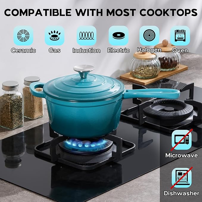 Onader 1QT Saucepan with Lid, Enameled Cast Iron Sauce Pan, Small Cast Iron Pot for Cooking, Enameled Dutch Oven Nonstick & Heavy Duty ??Dark Cyan