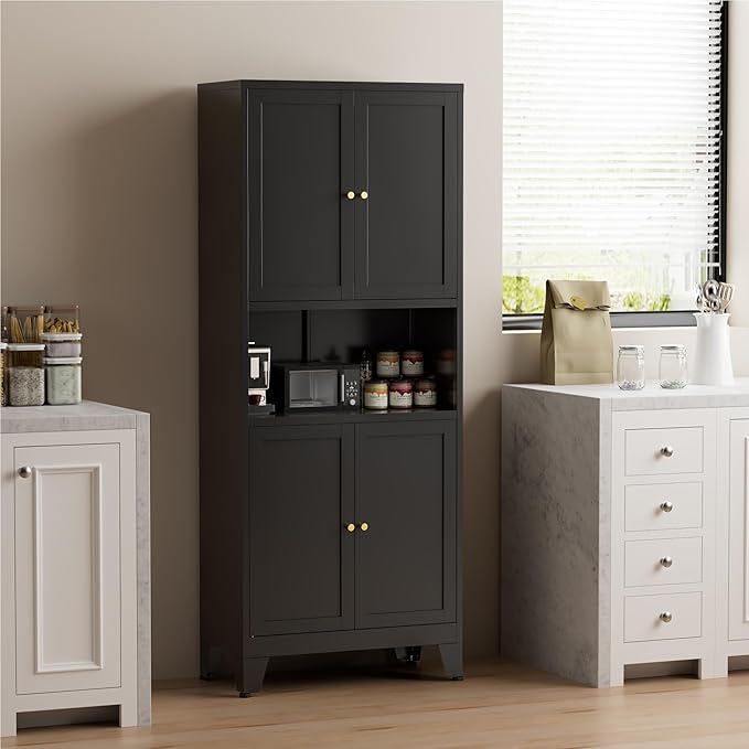 COFaR 69" Tall Modern Kitchen Pantry,Metal Storage Cabinet with Adjustable Shelves,Pantry Cabinet with 6-Tier,Freestanding Cupboard for Kitchen,Dining Room,Living Room,Bathroom,Black