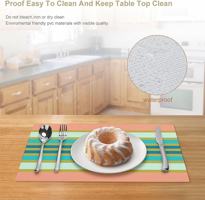 Colorful Stripes Placemat, Set of 4 Heat Resistant PVC Place Mats for Kitchen Table