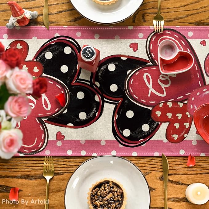 Artoid Mode Pink Polka Dot Heart Love Table Runner, Anniversary Wedding Kitchen Dining Table Decoration for Home Party Decor 13x72 Inch