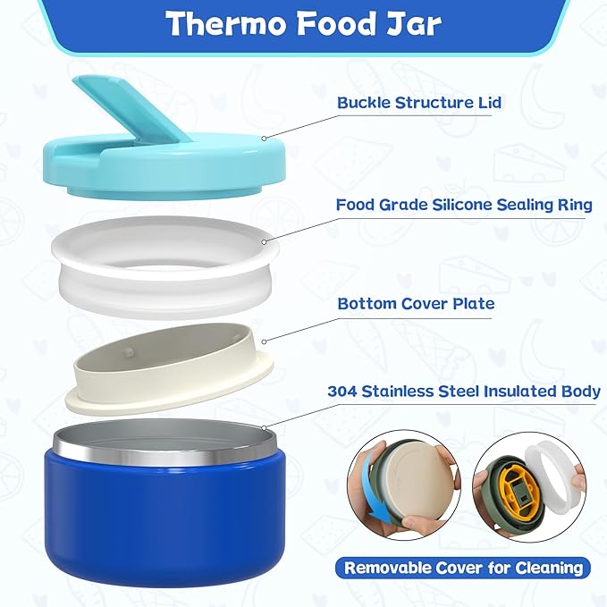 Aimsnk Kids Bento Lunch Box with 8oz Soup Thermo, Kids Leakproof Lunch Food Containers with 4 Compartment,Insulated Hot Food Jar with Lunch Bag for School, Travel (Blue)