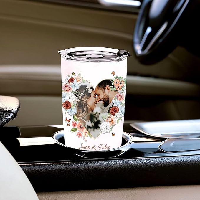 WAZONE Personalized Couples Tumbler With Picture Customized Floral Photo Frame Couple Travel Mugs With Text Name 20 30 Oz StainlessGifts For Lovers Women Men Girl On Valentine's Day Bi