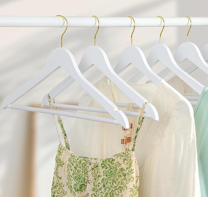 TOPIA HANGER Wooden Hangers 30 Pack, White Wood Coat Hanger with 360째 Swivel Gold Hook, Non Slip Pants Bar and Shoulder Notches for Camisole, Jacket, Pants, Smooth Finish Clothes Hangers -CT34WG30
