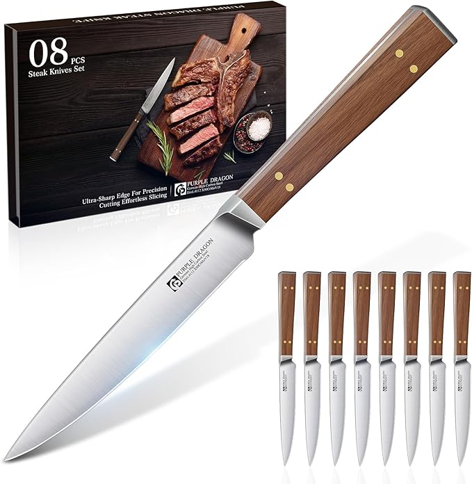 Purple Dragon Steak Knives Set of 8-4.7 Inch Non Serrated Dinner Knife with Square Wooden Handle ??Elegant, Balanced, High Carbon German Steel - Christmas Gift for Men and Women
