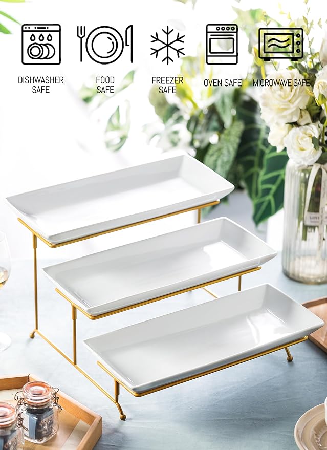 LYEOBOH 3 Tier Serving Stand and Platters Set Large Tiered Serving Platters with Collapsible Sturdier Rack 14 Inches Tiered Serving Tray for Appetizer Fruit, Dessert and Cupcake, White