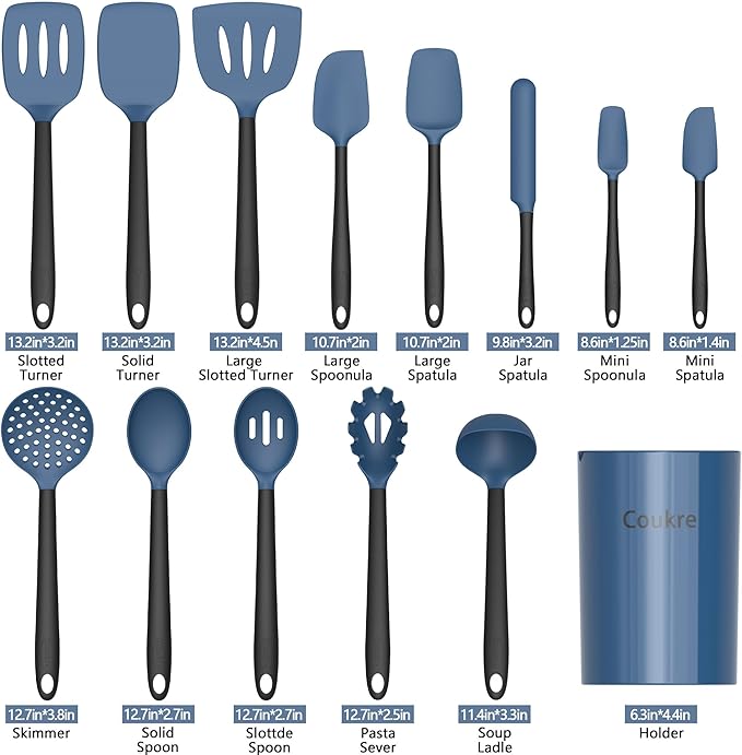 Coukre Silicone Kitchen Cooking Utensils Set with Holder ??Heat-Resistant, Food-Grade Kitchen Tools, Spatula, Spoon & Gadgets for Non-Stick Pans, Dishwasher Safe (14, DarkBlue)