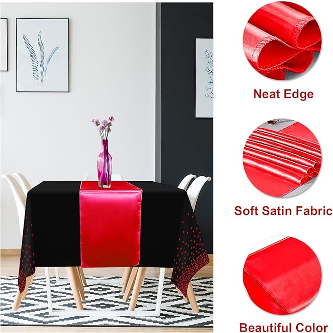 16Pack Disposable Plastic Party Tablecloths and Satin Table Runner Set Black and Red Dot Table Cloth Red Satin Table Runner for Wedding Birthday Baby Shower Anniversary Holiday Party Decorations