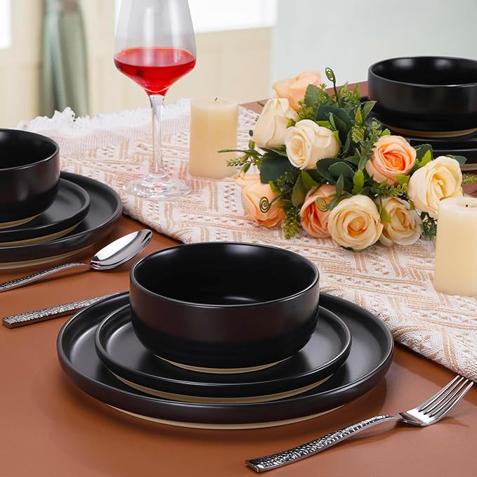 LIANYU Stoneware Dinnerware Sets for 4, 12 Piece Plates and Bowls Set, Ceramic Dishware Dishes for Dining, Scratch Resistant Kitchen Porcelain Plates, Microwave & Dishwasher Safe, Matte Black
