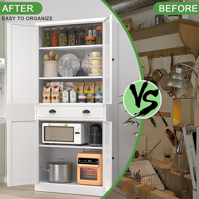 71??Tall Kitchen Pantry Cabinet with Drawers,Metal Storage Cabinet with Doors and Adjustable Shelves,Modern Kitchen Hutch Cabinets竊똅reestanding Cupboard for Dining Room