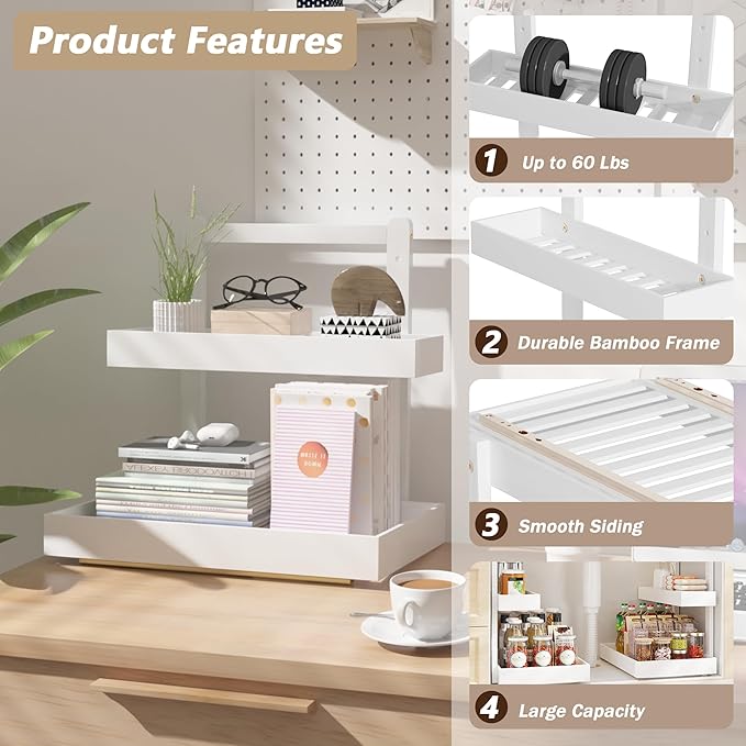 Bamboo Under Sink Organizer and Storage, 2 Tier Pull Out Cabinet Organizer, Slide Out Under Sink Storage Shelf, Undersink Organizers Shelves for Kitchen Bathroom Organization (White, 1 Pack)