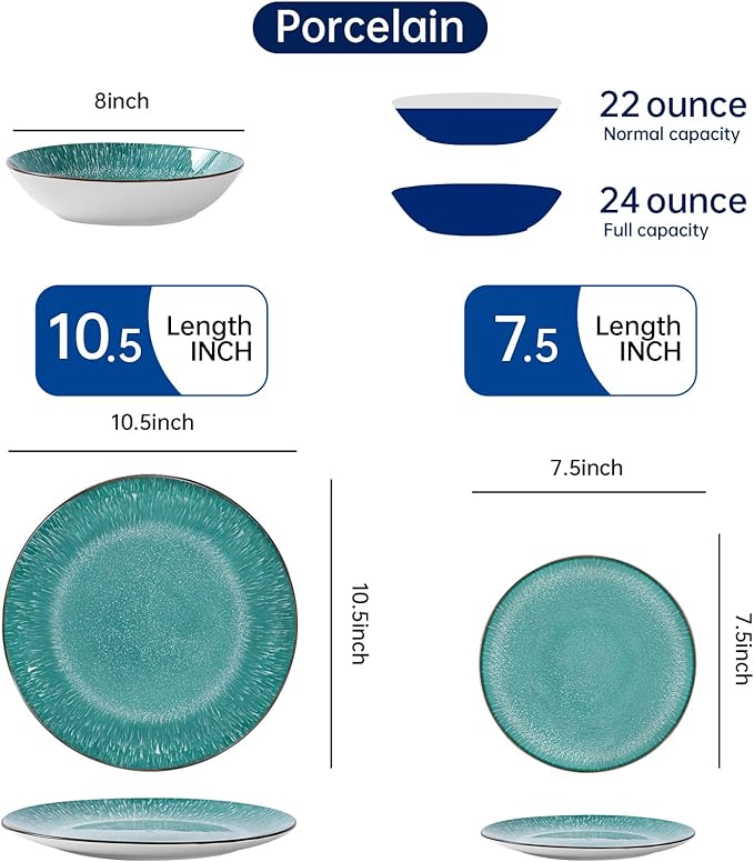Bestone 12-Piece Round Porcelain Dinnerware Set, Service for 4, Chip Resistant Plates and Bowls,Green, Dishwasher & Microwave Safe for Home Daily Use