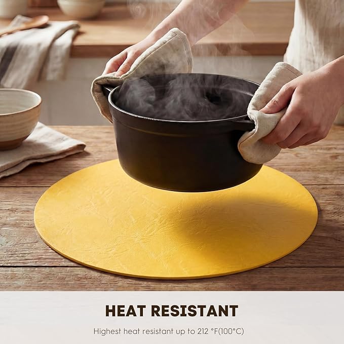 Artoid Mode Yellow Faux Leather Placemats Set of 6, 15 Inch Waterproof Wipeable Heat Resistant Place Mats, Reversible Table Mats for Summer Kitchen Dining Decor