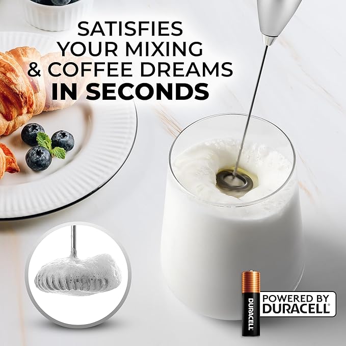Zulay Kitchen Milk Frother Handheld Electric Whisk with AA Duracell Batteries ??Durable Drink Mixer for Coffee, Lattes, Cappuccinos & More - Silver