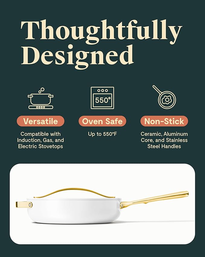 Caraway Nonstick Ceramic Saut챕 Pan with Lid (4.5 qt, 11.8") - Non Toxic, PTFE & PFOA Free - Oven Safe & Compatible with All Stovetops (Gas, Electric & Induction) - White