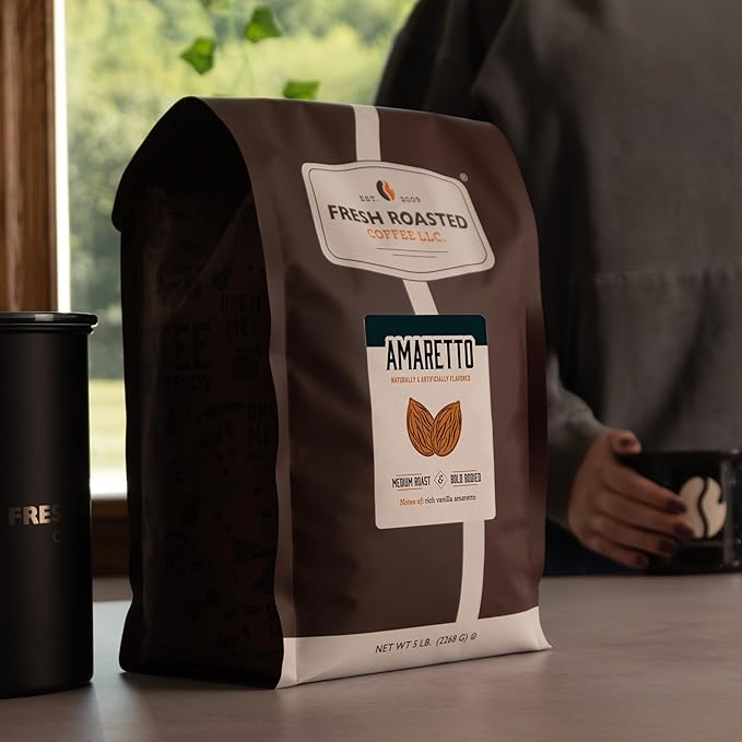 Fresh Roasted Coffee, Amaretto Flavored Coffee,5 lb, Medium Roast, Kosher, Ground