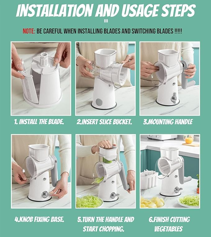 BSFRNF 5 In 1 Rotary Cheese Grater Vegetable Slicer for Kitchen, Carrot Shredder Tool-Food Shredders with 5 Sets Interchangeable Blades And Strong Suction Base (White)