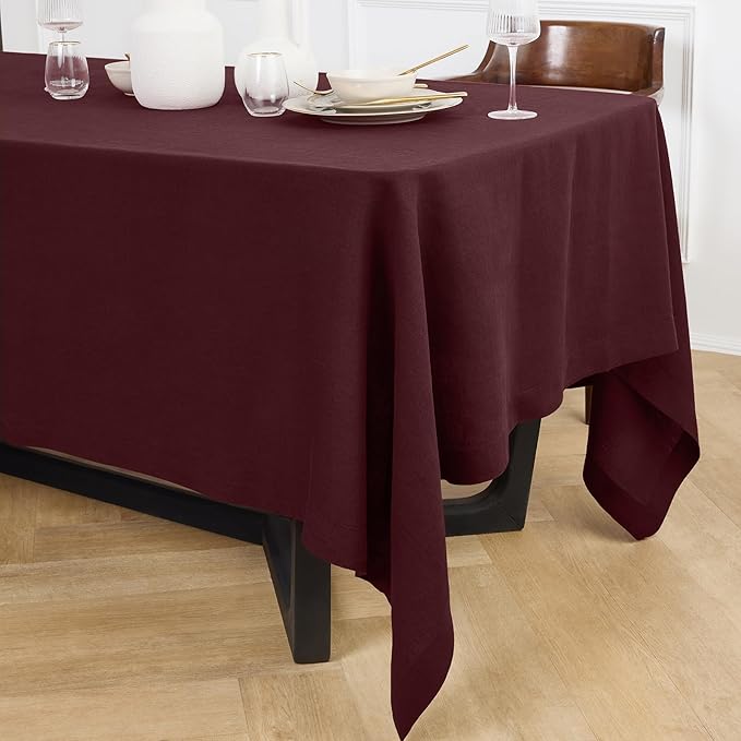 Solino Home Burgundy Linen Tablecloth 70 x 120 Inch - 100% Pure Linen Table Cloth for Rectangle Tables - Sonoma, Machine Washable Tablecloth for Christmas, New Year